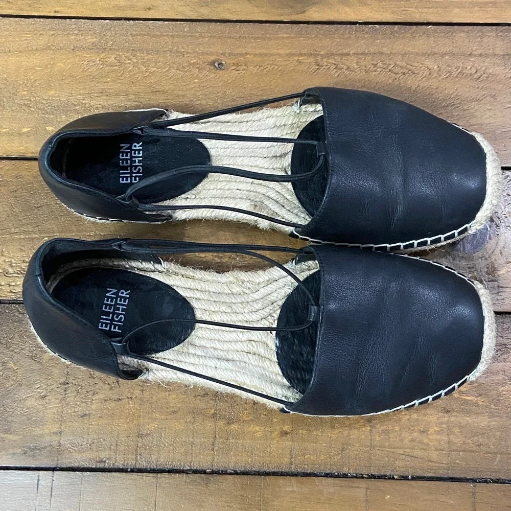 Eileen Fisher Womens Black Leather Espadrille Flats dOrsay Strappy Shoes 7.5